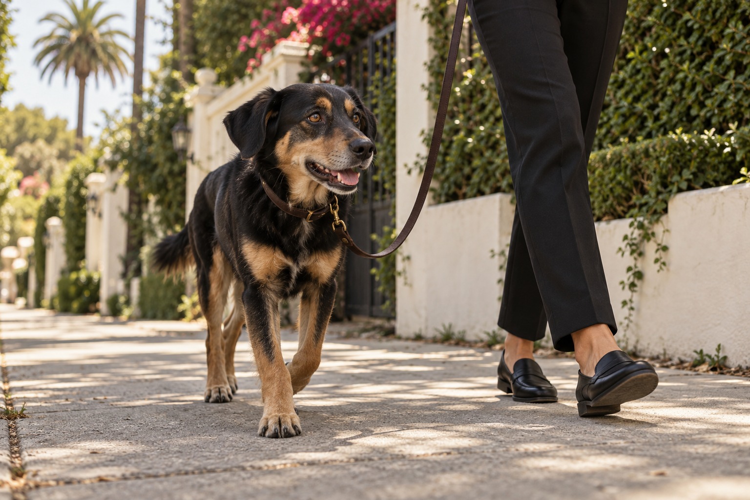A dog walking on a leather leash beside a handler in black trousers on a leafy Los Angeles sidewalk